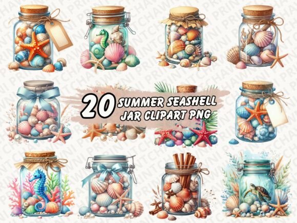 Download Summer Seashell Jar Clipart PNG Bundle - Summer Collection