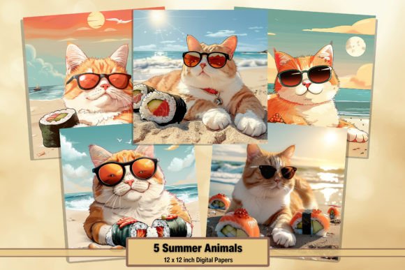 Download Summer Cats Sushi Digital Papers Pack 61 - Summer Collection