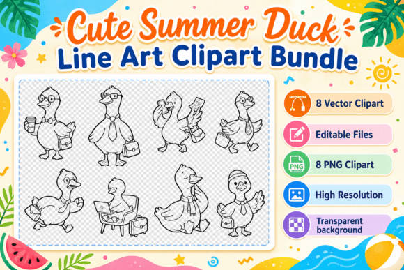 Download Cute Summer Duck Line Art Clipart Bundle - Summer Collection